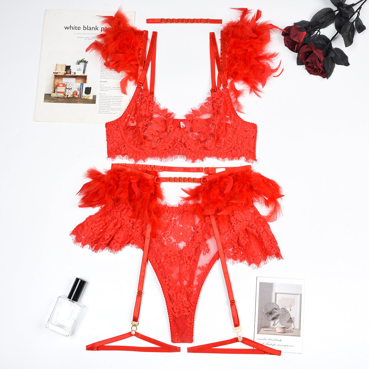 Feather Lace Bra and Panty Lingerie Set for Women