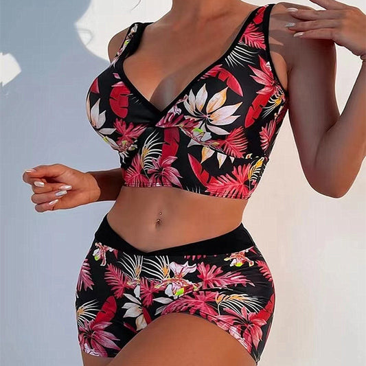 Women’s Two Piece Boxer Style Multicolor Printed Swimsuit