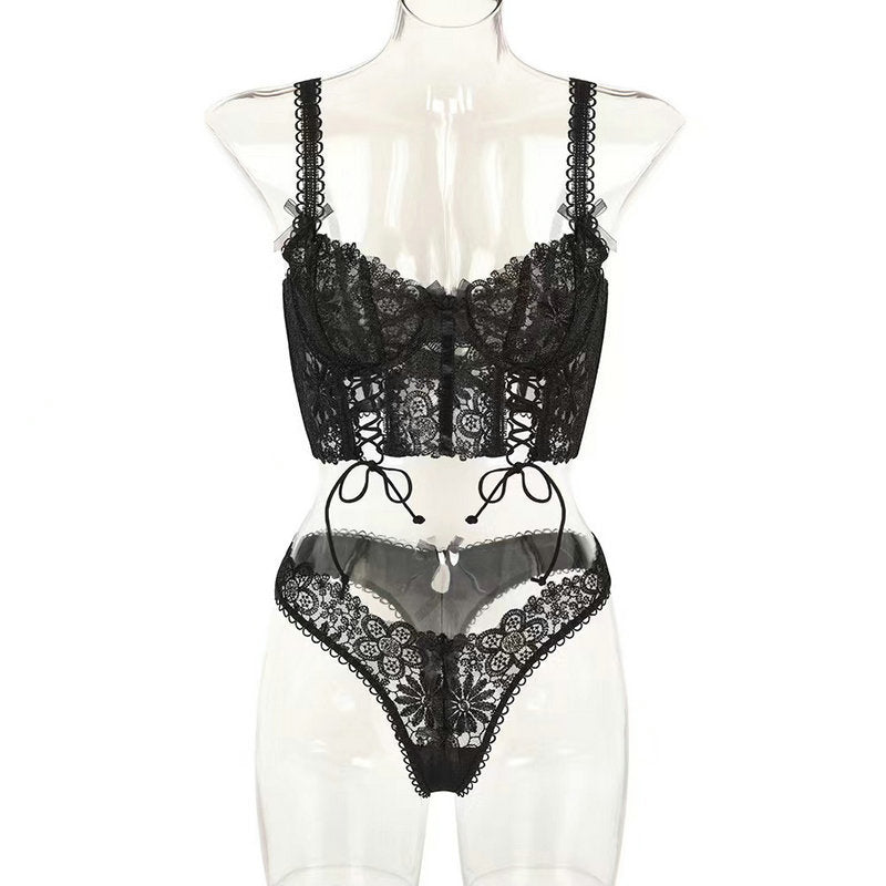 Three-Piece Lace Mesh See-Through Lingerie Set