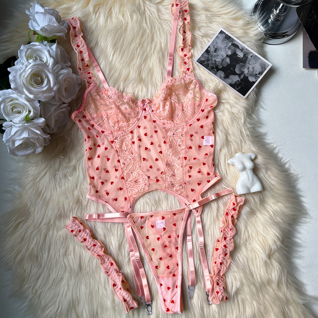 Flocking Heart Four-Piece Sexy Lingerie Set