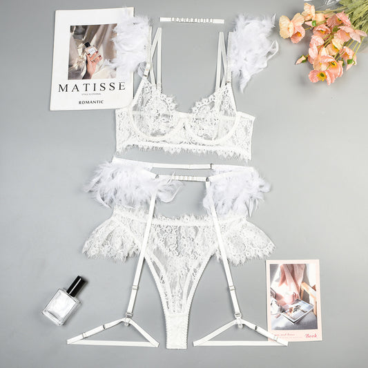 Feather Lace Bra and Panty Lingerie Set for Women