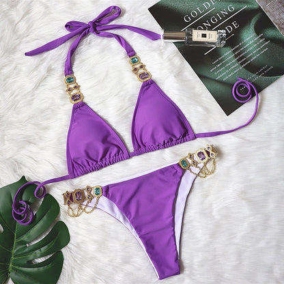 Sexy Purple Halter Rhinestone Bikini Set