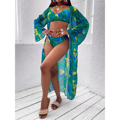 Women’s Three-Piece Printed Split Bikini Swimsuit