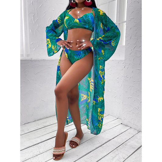 Women’s Three-Piece Printed Split Bikini Swimsuit
