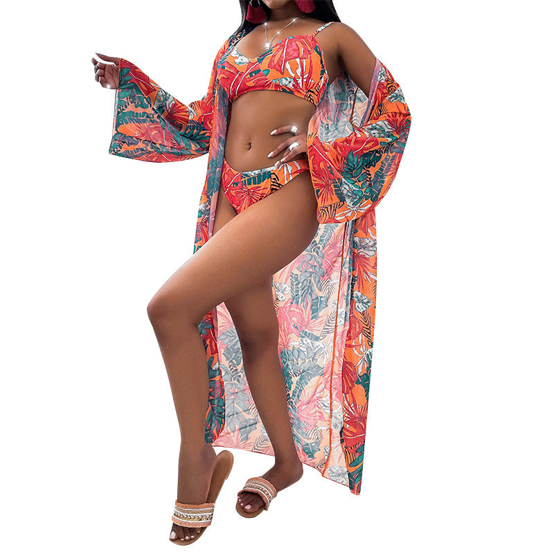 Women’s Three-Piece Printed Split Bikini Swimsuit