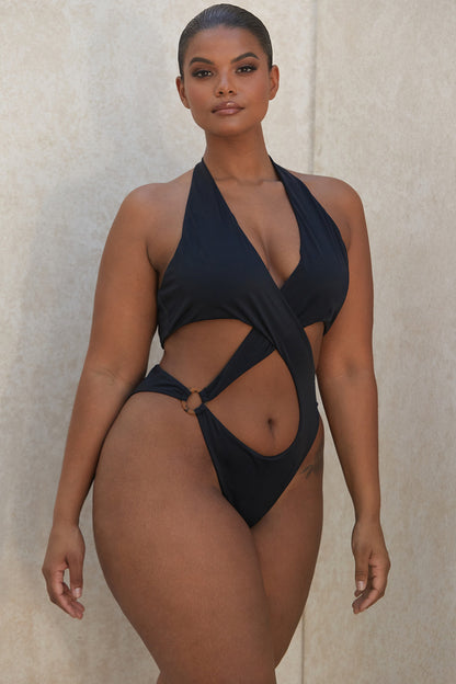 Plus Size Solid Color Hollow Cross Swimsuit