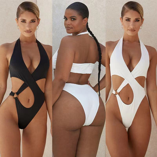 Plus Size Solid Color Hollow Cross Swimsuit