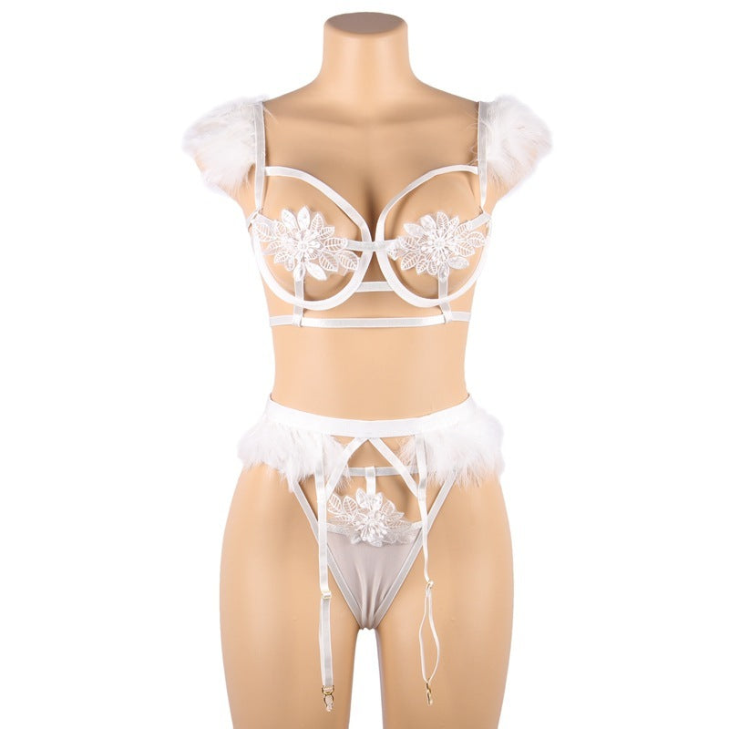 Sexy Hollow Frayed Bra Panty Garter Set