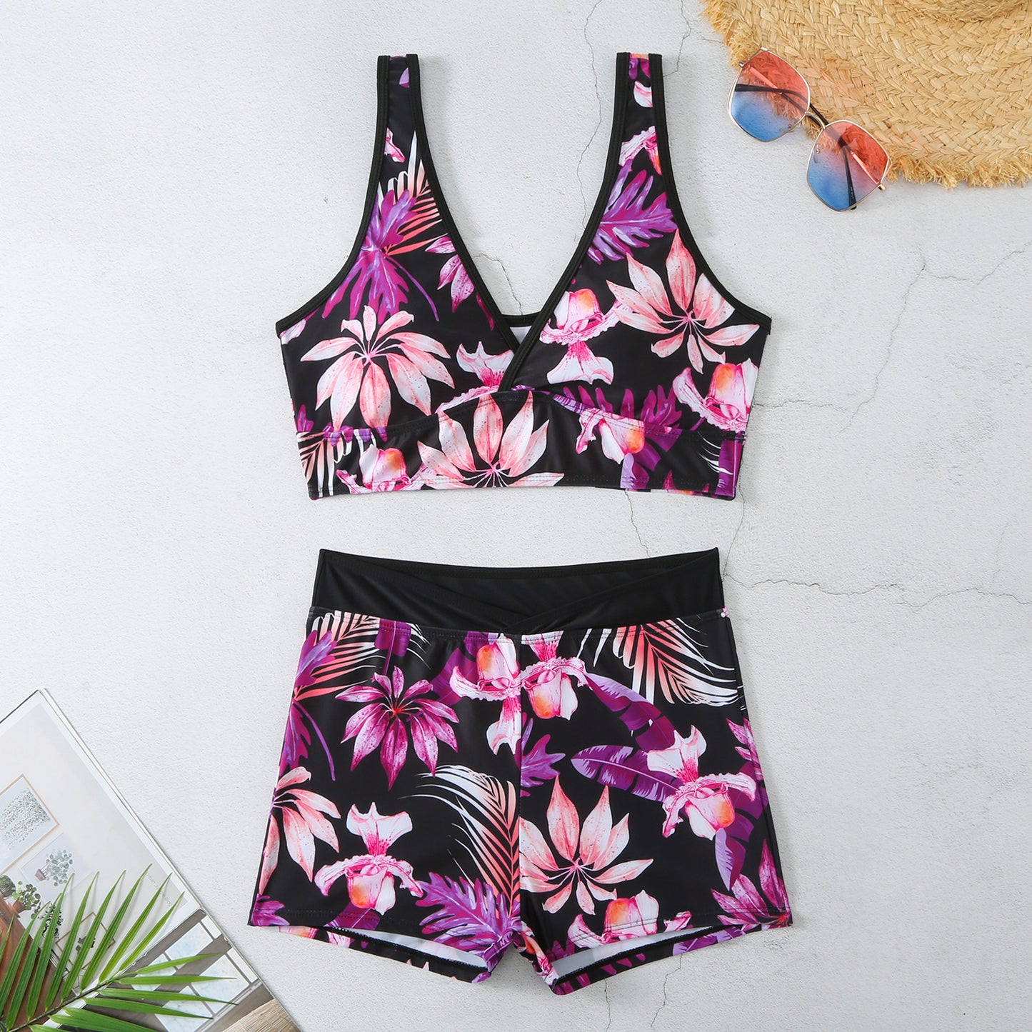 Women’s Two Piece Boxer Style Multicolor Printed Swimsuit