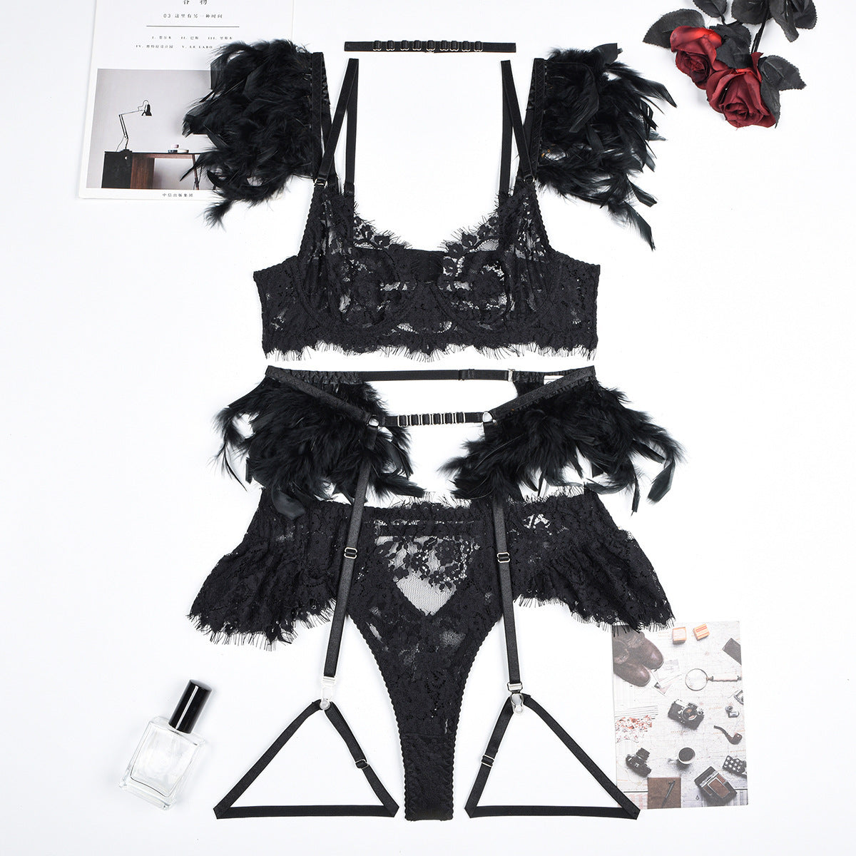 Feather Lace Bra and Panty Lingerie Set for Women