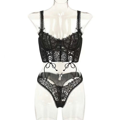 Three-Piece Lace Mesh See-Through Lingerie Set