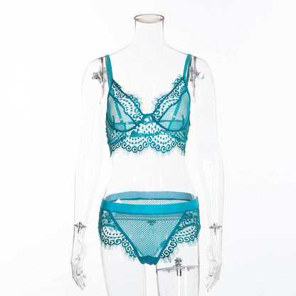 Lace Eyelash Trim Love Grid Bra Panty Set