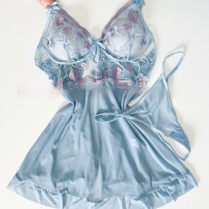 Embroidered Mesh Stitching Lingerie Set for Women