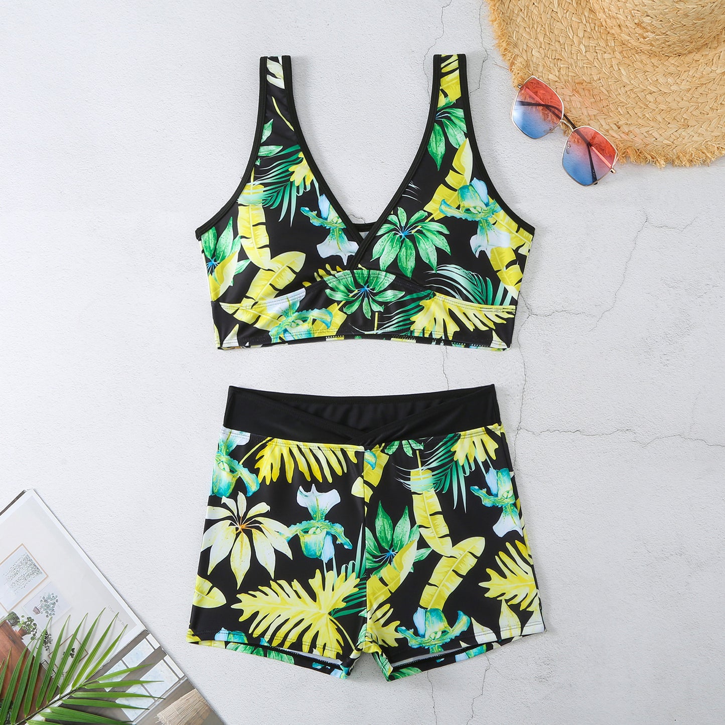 Women’s Two Piece Boxer Style Multicolor Printed Swimsuit