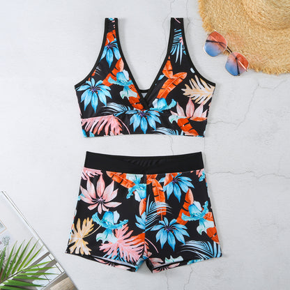 Women’s Two Piece Boxer Style Multicolor Printed Swimsuit