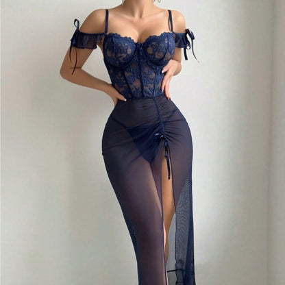 Navy Blue Long Split Night Gown