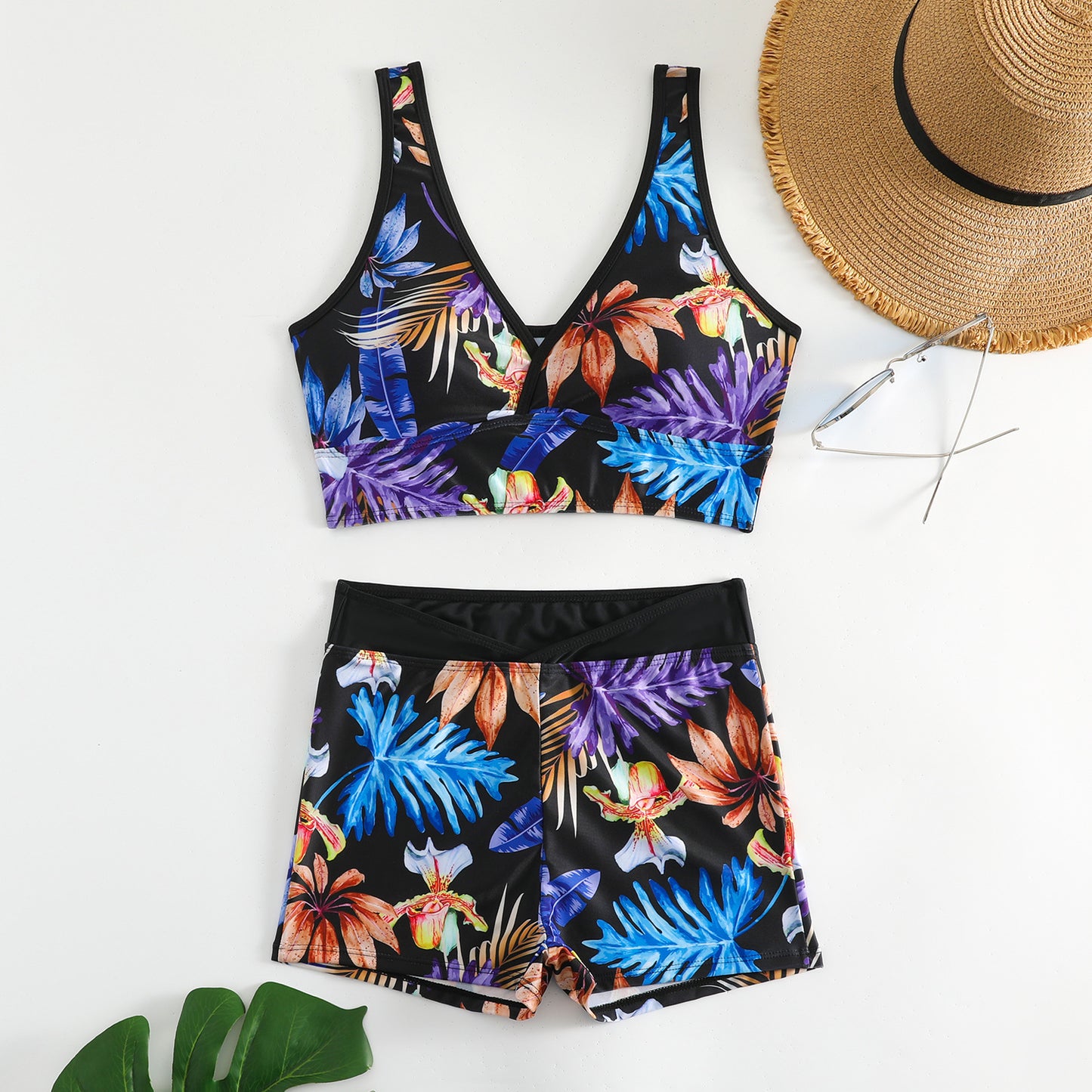 Women’s Two Piece Boxer Style Multicolor Printed Swimsuit