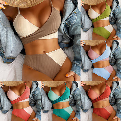 Women’s Ribbed Patchwork Bikini Swimsuit with Knot Back