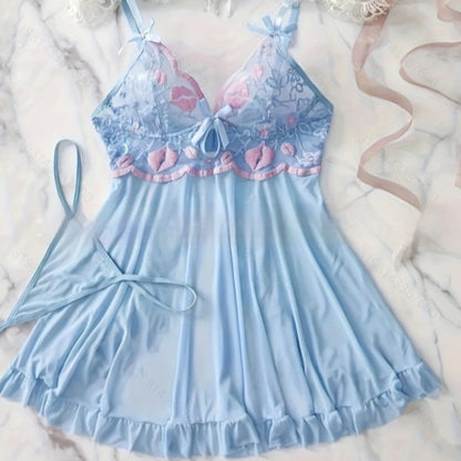 Embroidered Mesh Stitching Lingerie Set for Women