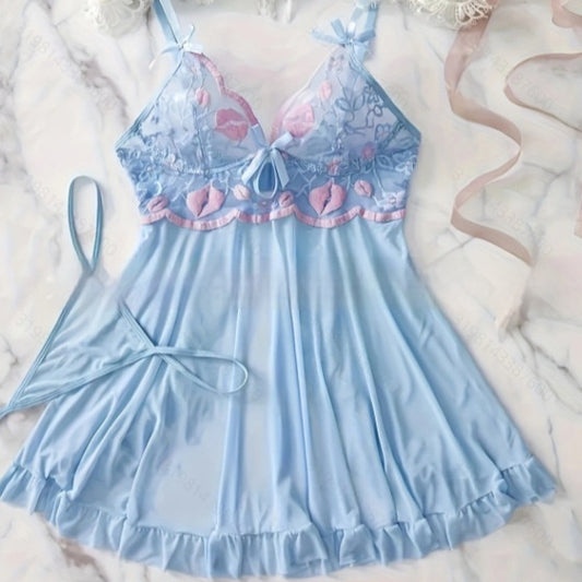 Embroidered Mesh Stitching Lingerie Set for Women