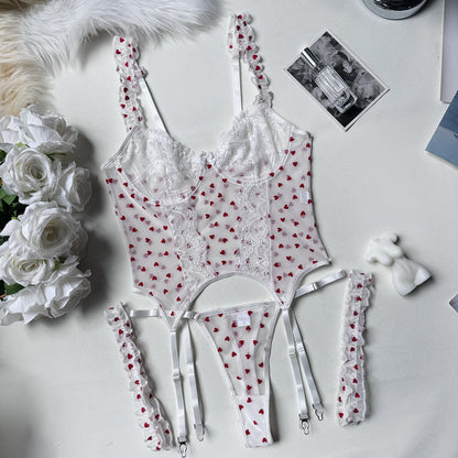 Flocking Heart Four-Piece Sexy Lingerie Set