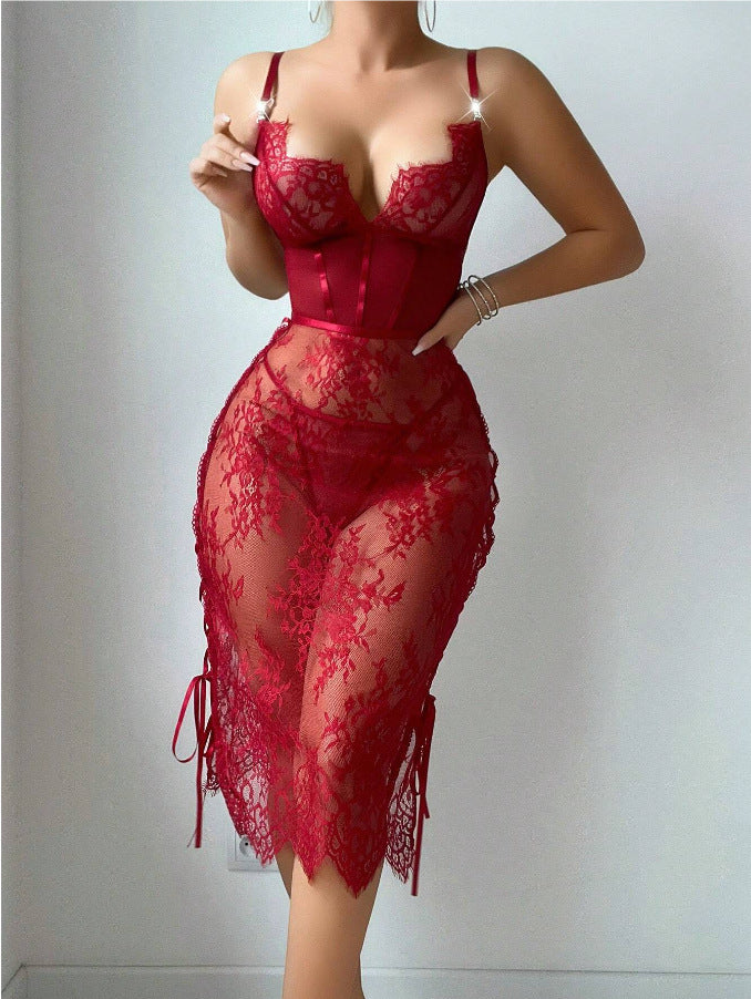 Red Lace Hollow Topless Lingerie Dress