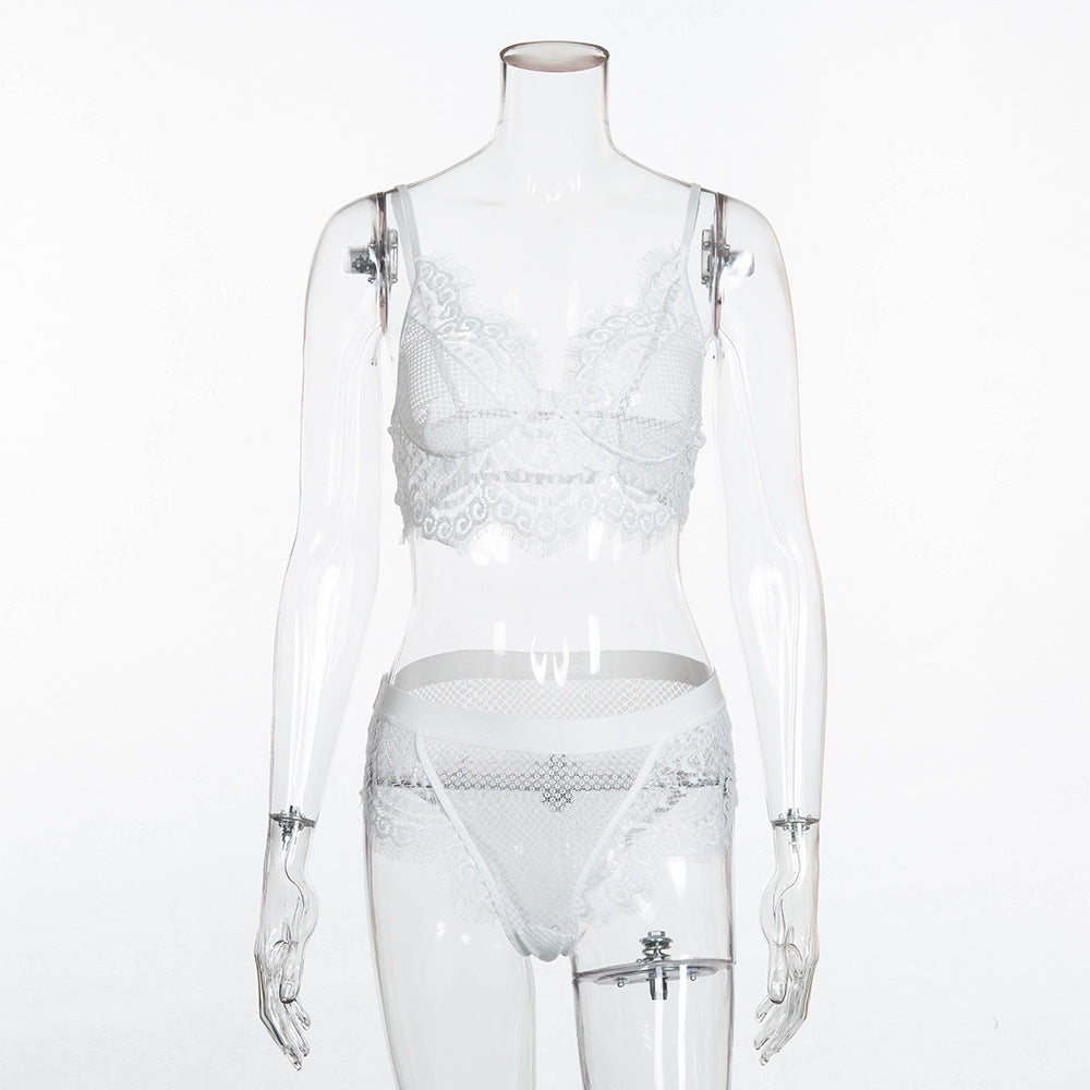 Lace Eyelash Trim Love Grid Bra Panty Set