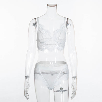 Lace Eyelash Trim Love Grid Bra Panty Set