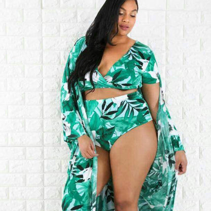 Plus Size Split Swimsuit with Sheer Veil Cover