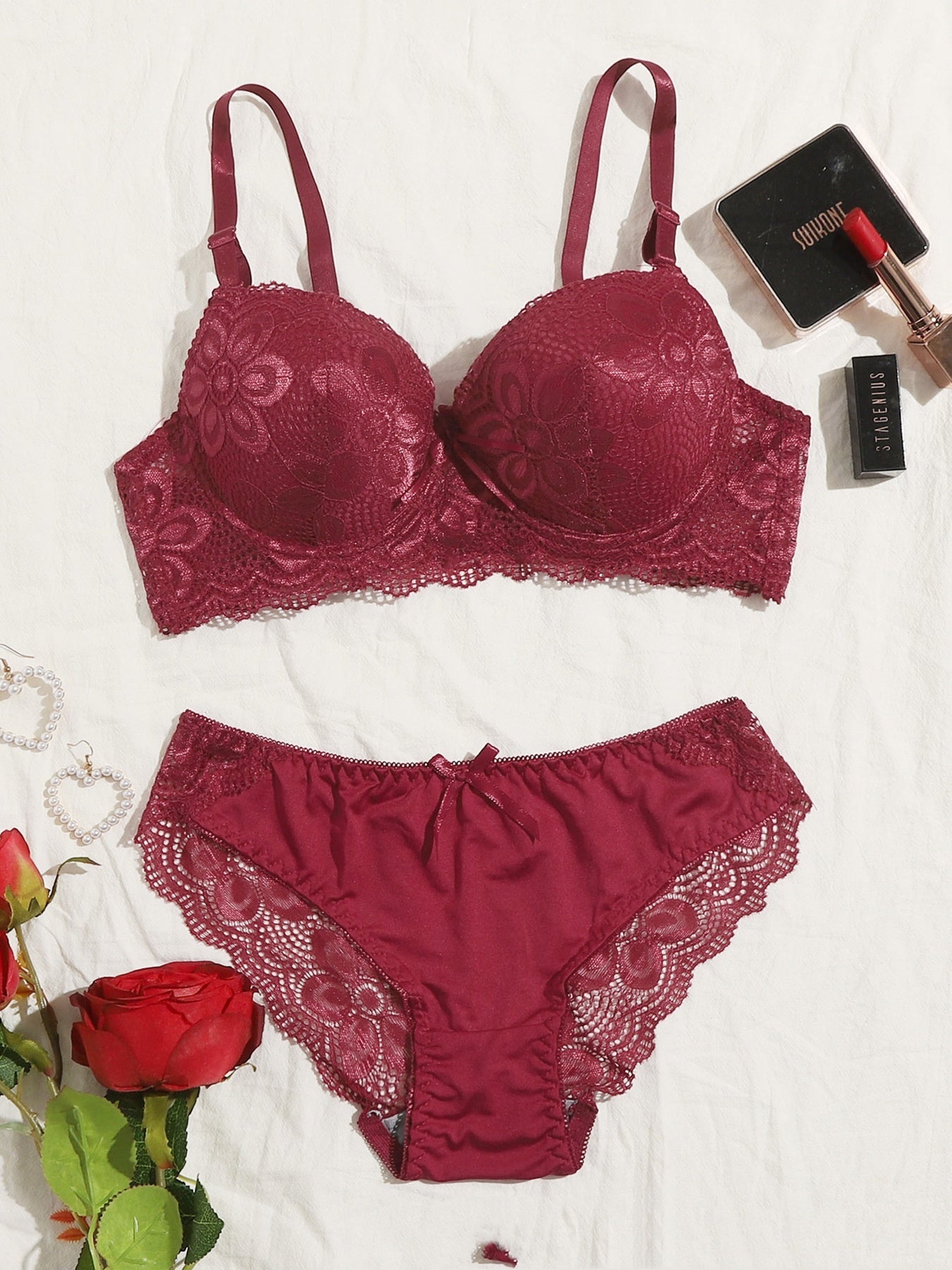 Lace Push-Up Bra and Panty Set with Steel Ring