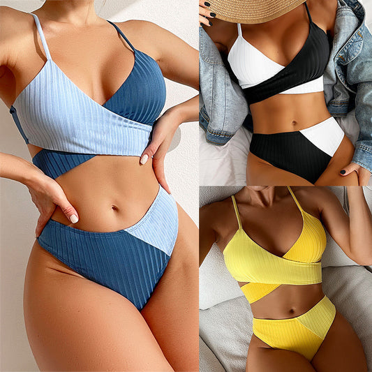 Women’s Ribbed Patchwork Bikini Swimsuit with Knot Back