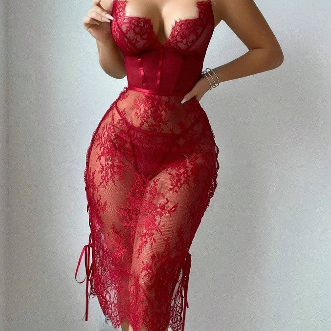Red Lace Hollow Topless Lingerie Dress