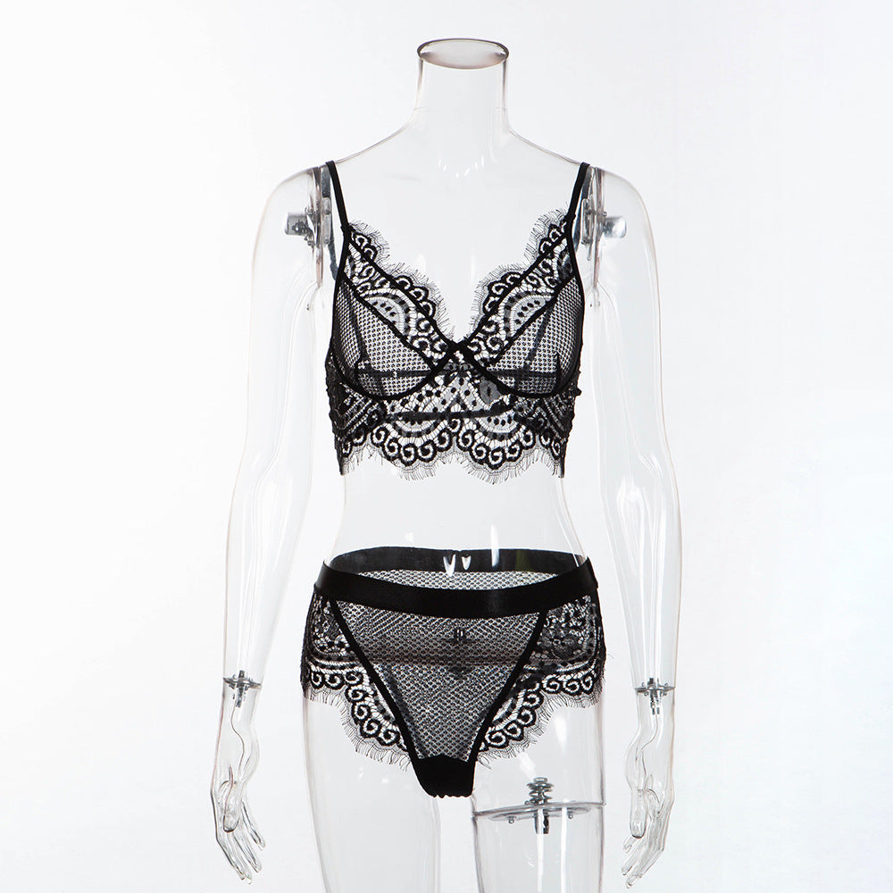 Lace Eyelash Trim Love Grid Bra Panty Set