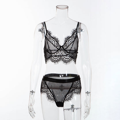 Lace Eyelash Trim Love Grid Bra Panty Set