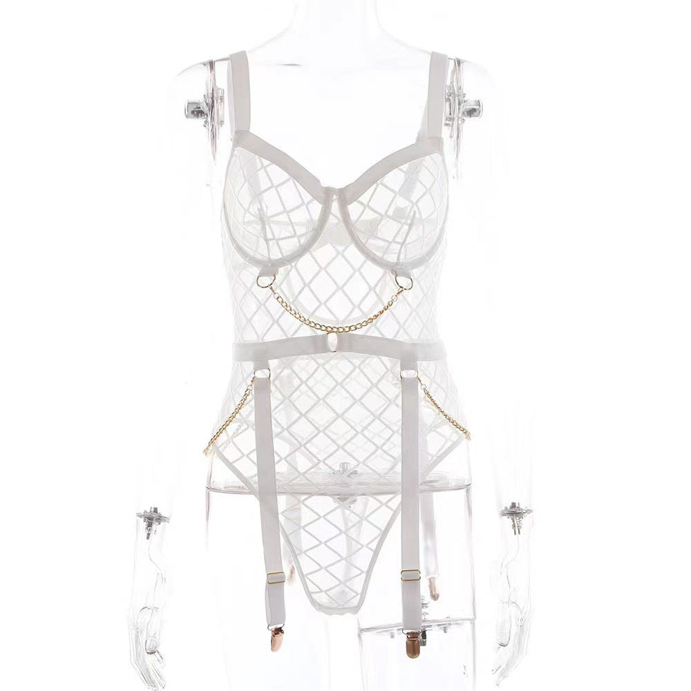 Metal Chain Grid One-Piece Lingerie