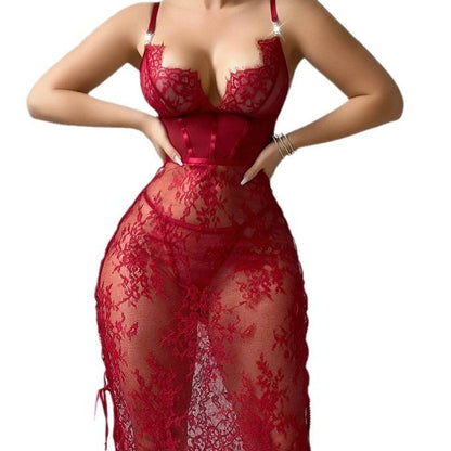 Red Lace Hollow Topless Lingerie Dress