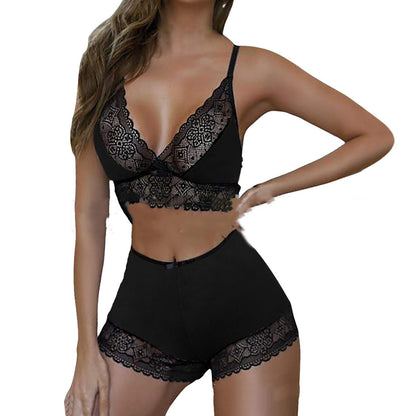 Leopard Lace Stitching Two-Piece Lingerie Set