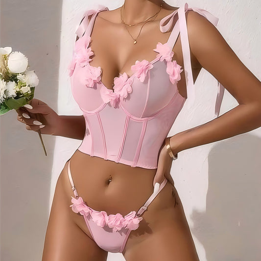 3D Flower Fishbone Push-Up Lingerie Set