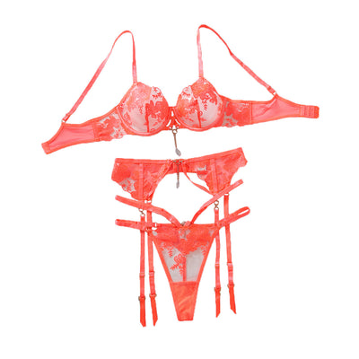 Mesh See-through Push Up Lingerie Three-piece Set