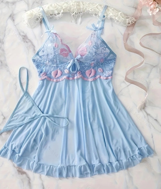 Embroidered Mesh Stitching Lingerie Set for Women