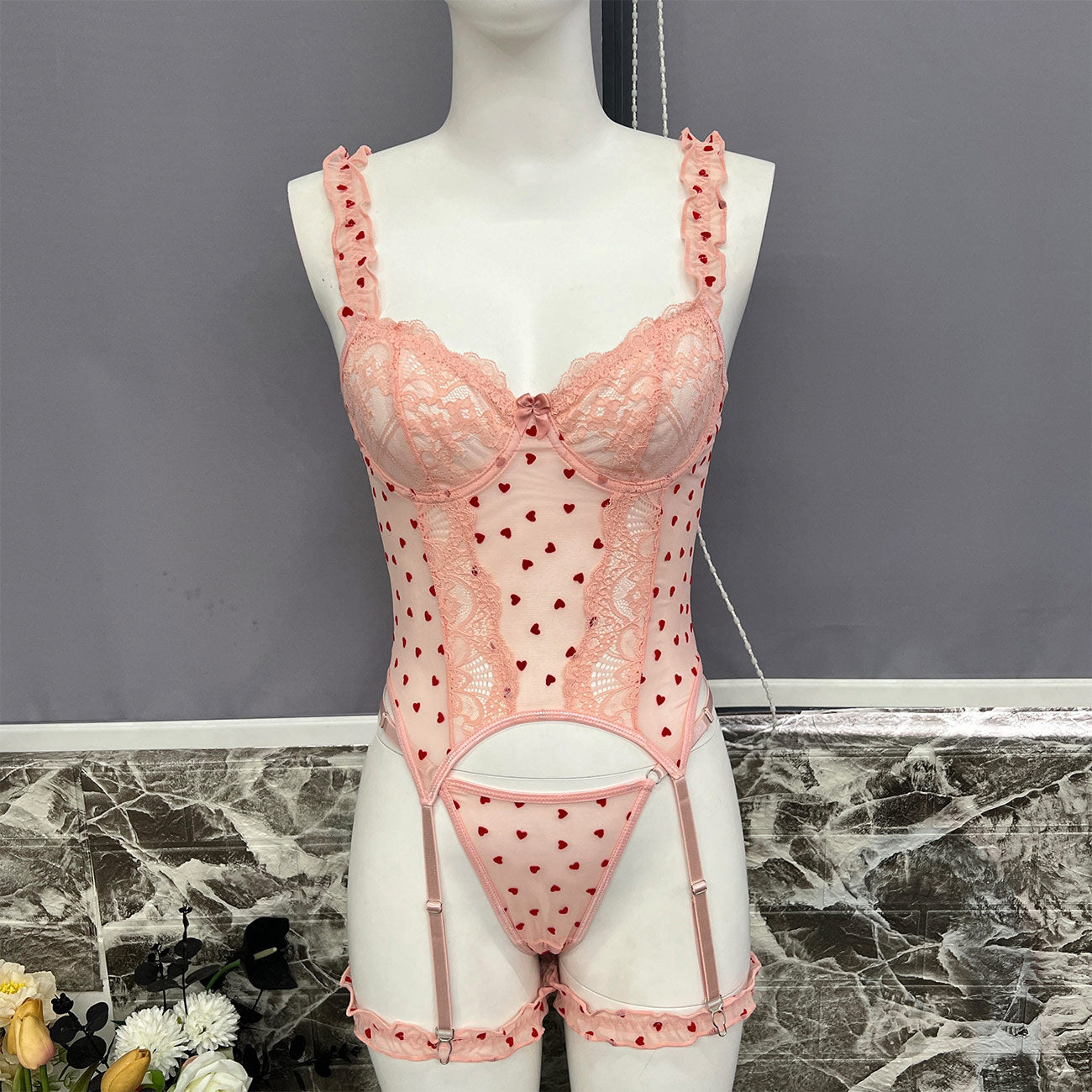 Flocking Heart Four-Piece Sexy Lingerie Set