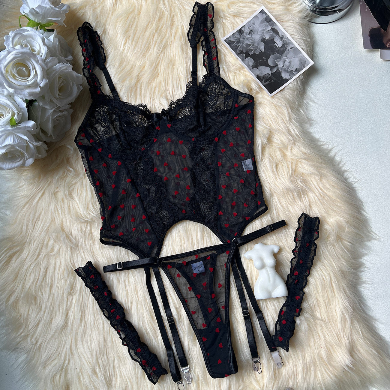 Flocking Heart Four-Piece Sexy Lingerie Set