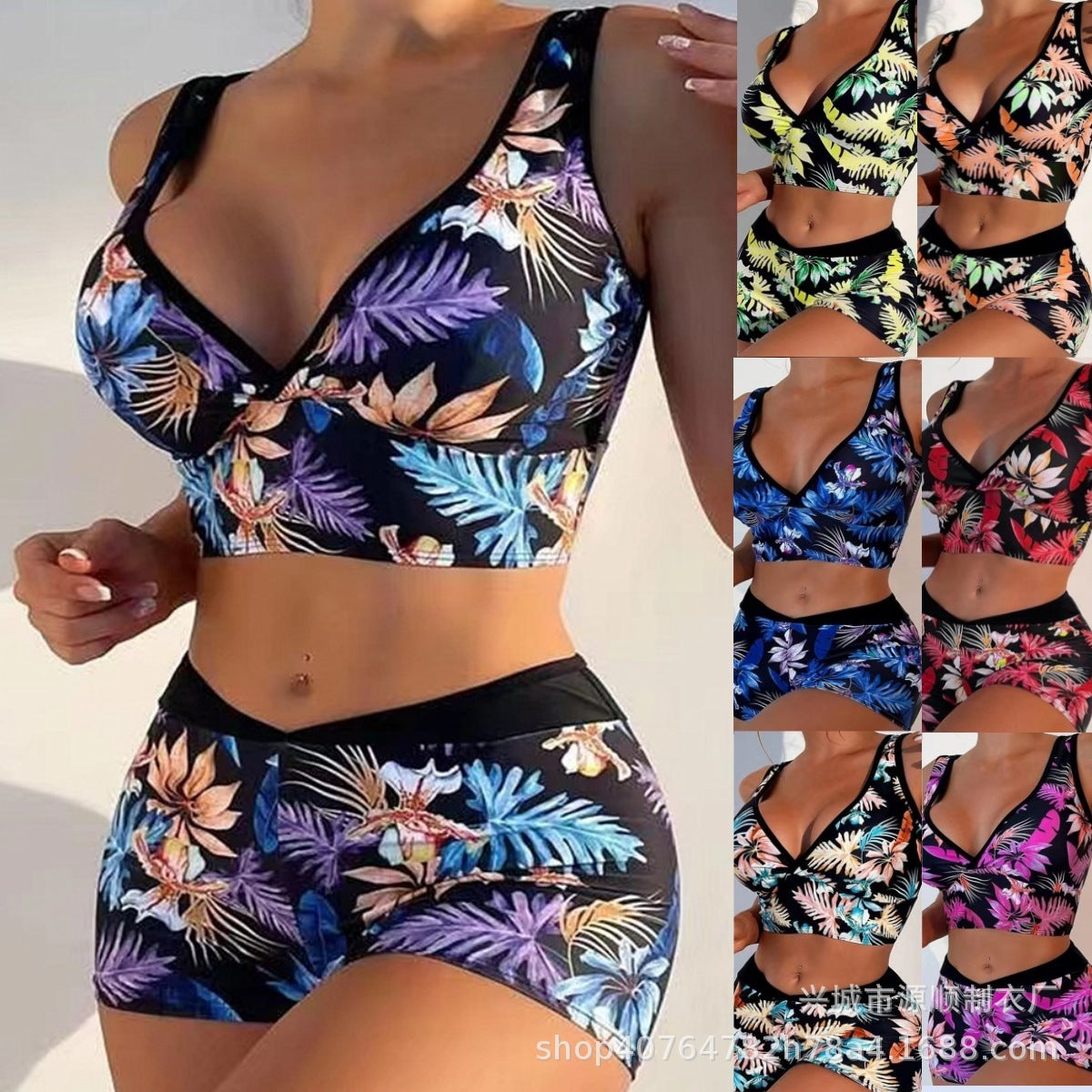 Women’s Two Piece Boxer Style Multicolor Printed Swimsuit
