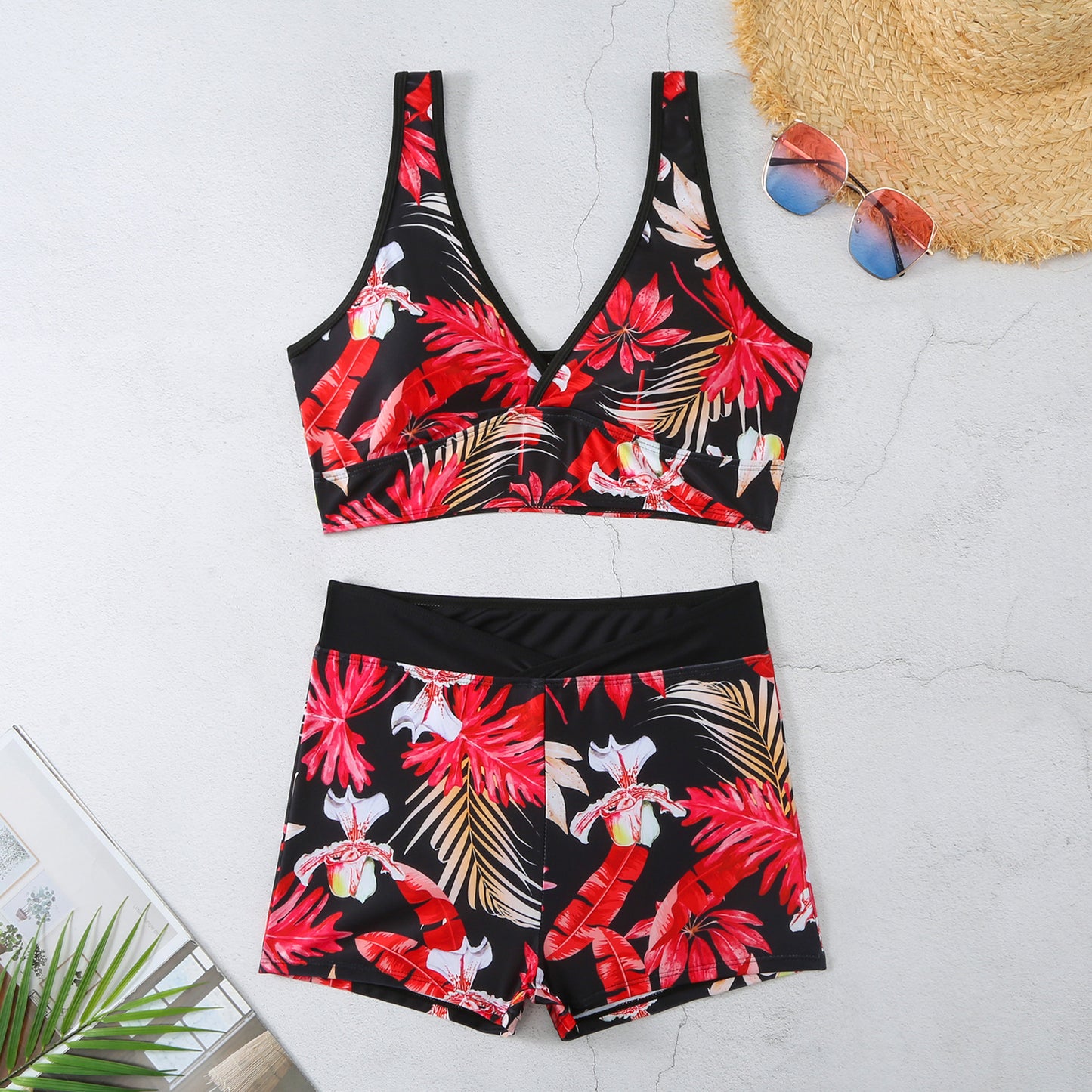 Women’s Two Piece Boxer Style Multicolor Printed Swimsuit